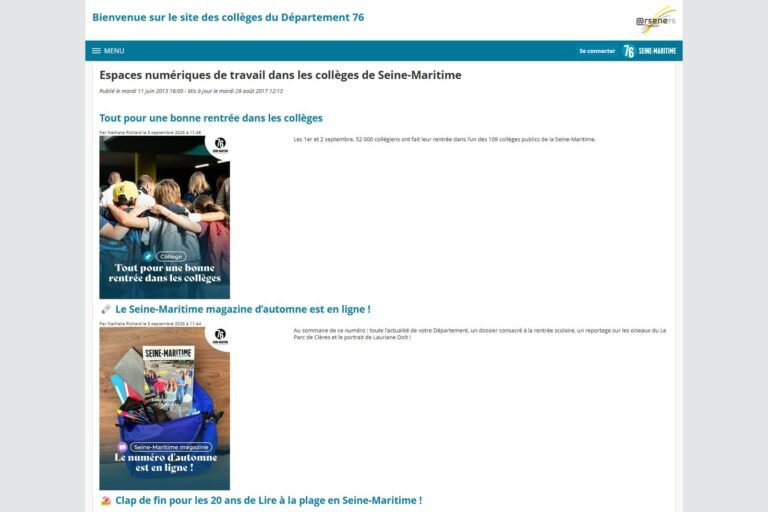 Page d'accueil du portail Arsène 76, l'espace numérique de travail des collèges de Seine-Maritime