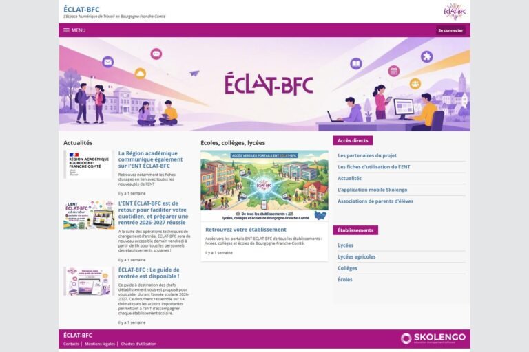 Page d'accueil du portail ÉCLAT-BFC, l'ENT des collèges et lycées de Bourgogne-Franche-Comté