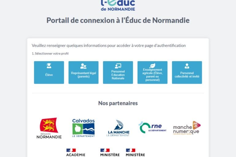 Portail de connexion à l'Éduc de Normandie, avec la sélection du profil utilisateur