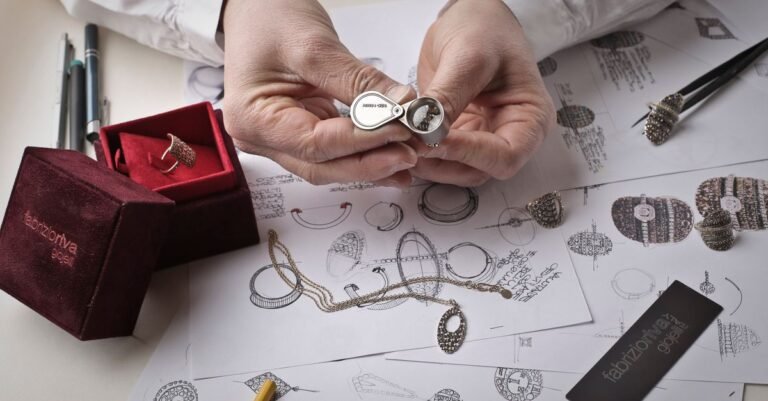 Mains examinant une bague à la loupe sur un établi de bijoutier