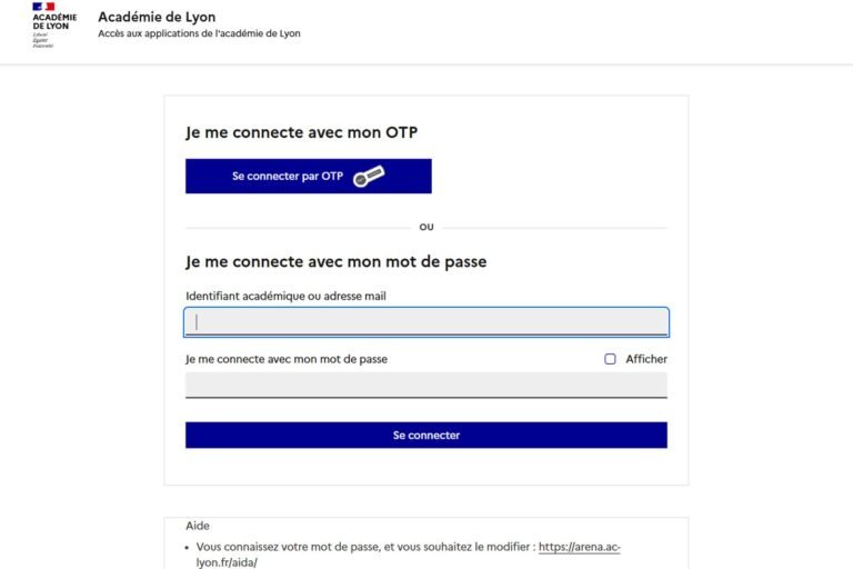 Page de connexion au webmail de l'académie de Lyon, avec l'accès par OTP ou par mot de passe