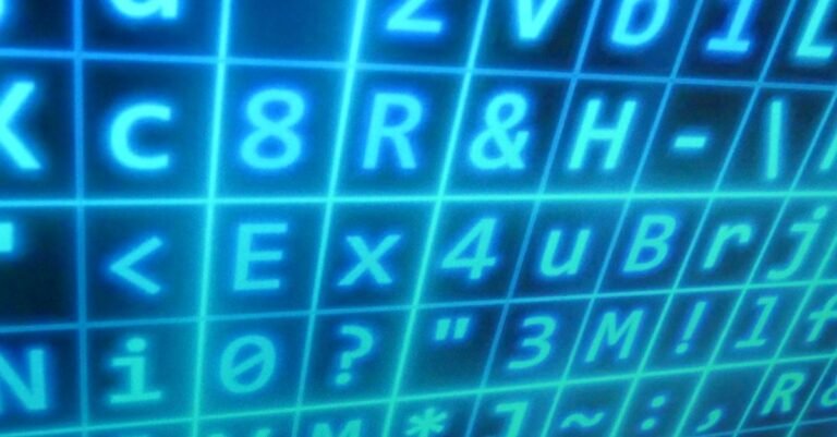 Écran affichant des symboles de code numérique bleus alignés en colonnes